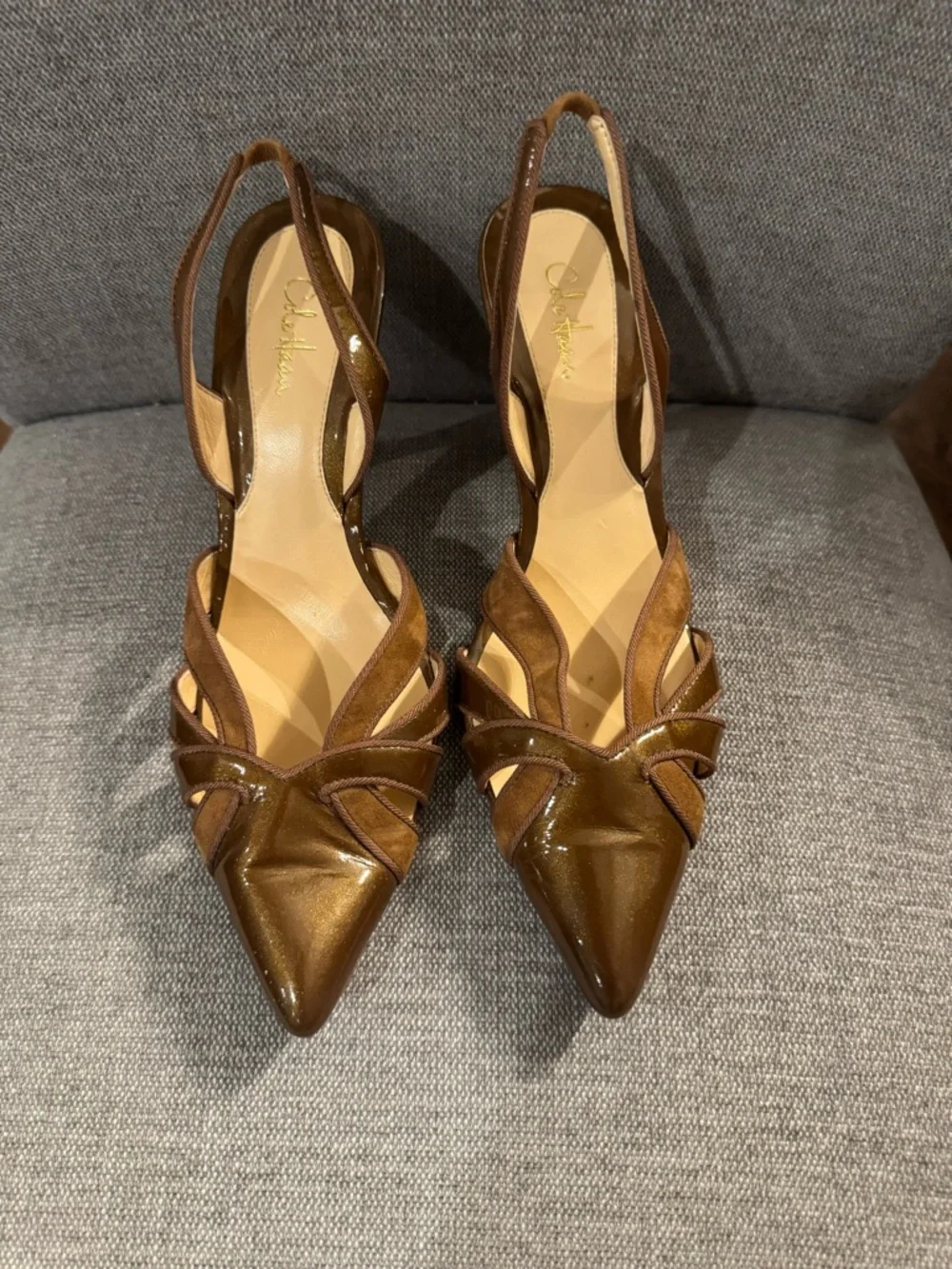 Cole Haan Brown Patent Leather Slingback Heels Size 8 Pointed Toe Suede Strappy - Picture 2 of 8